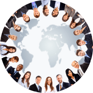 ICCA Bild, Kreis mit Menschen, im Hintergrund die Weltkugel
