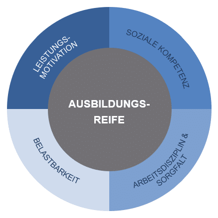 Kreisdiagramm zur Ausbildungsreife: Leistungsmotivation, soziale Kompetenz, Arbeitsdisziplin & Sorgfalt, Belastbarkeit